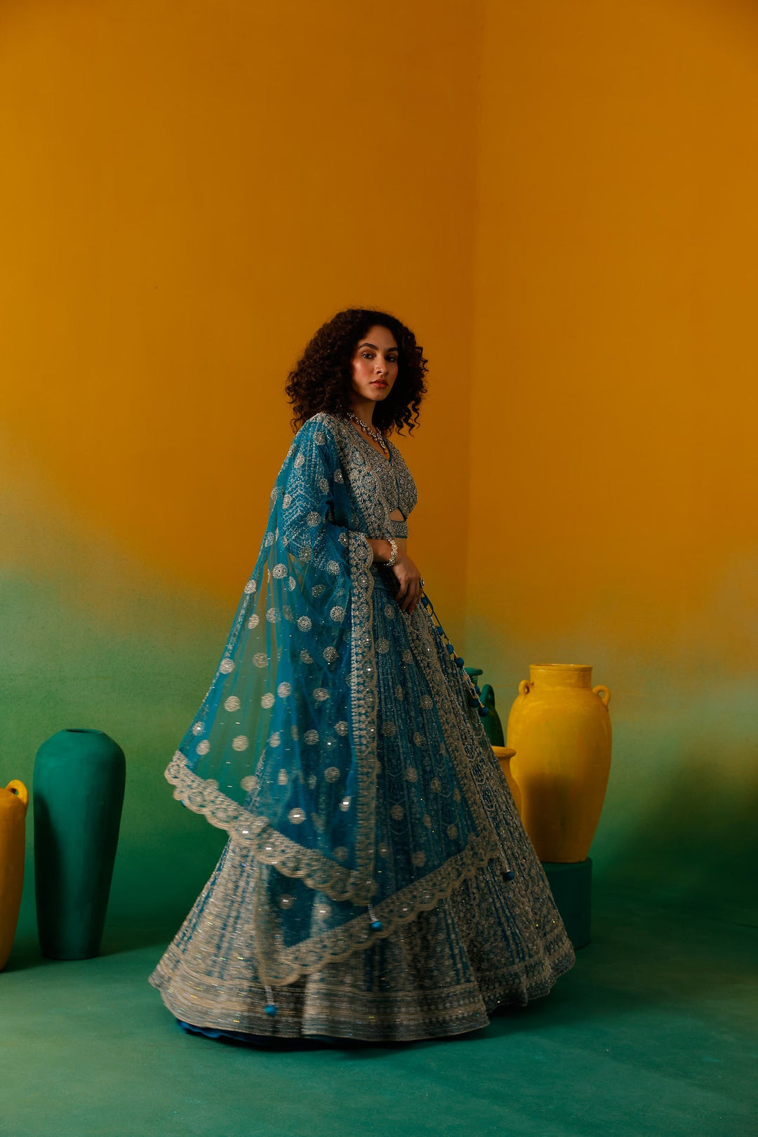 Neerus Green net embroidered lehenga set - detail view 1