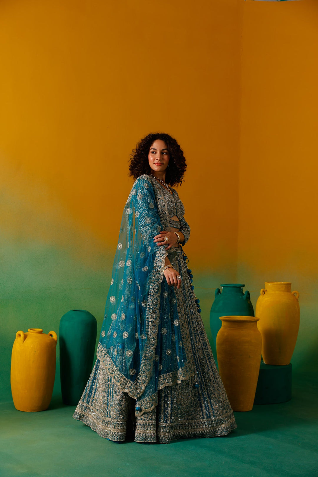 Neerus Green net embroidered lehenga set - detail view 2