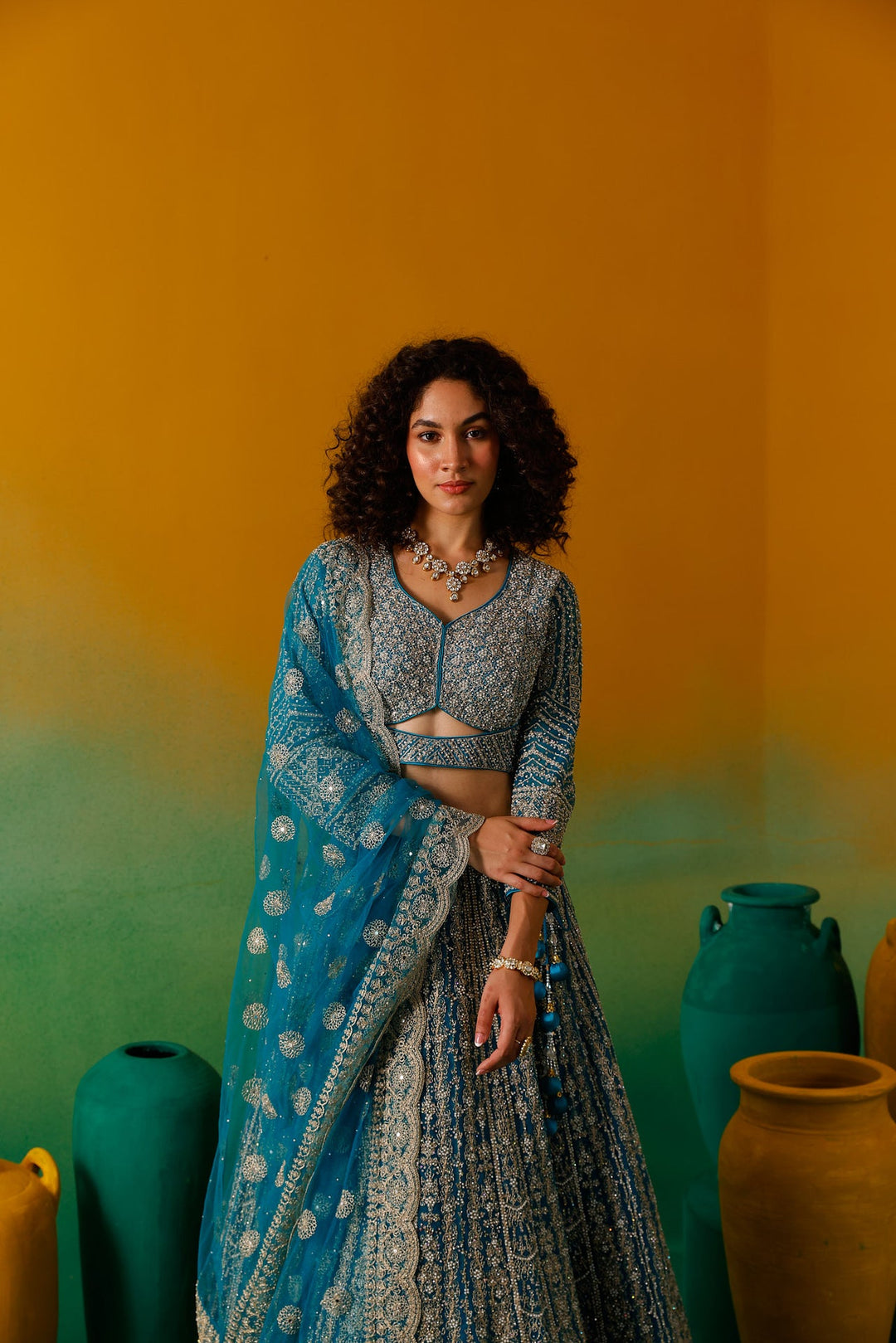 Neerus Green net embroidered lehenga set - detail view 13