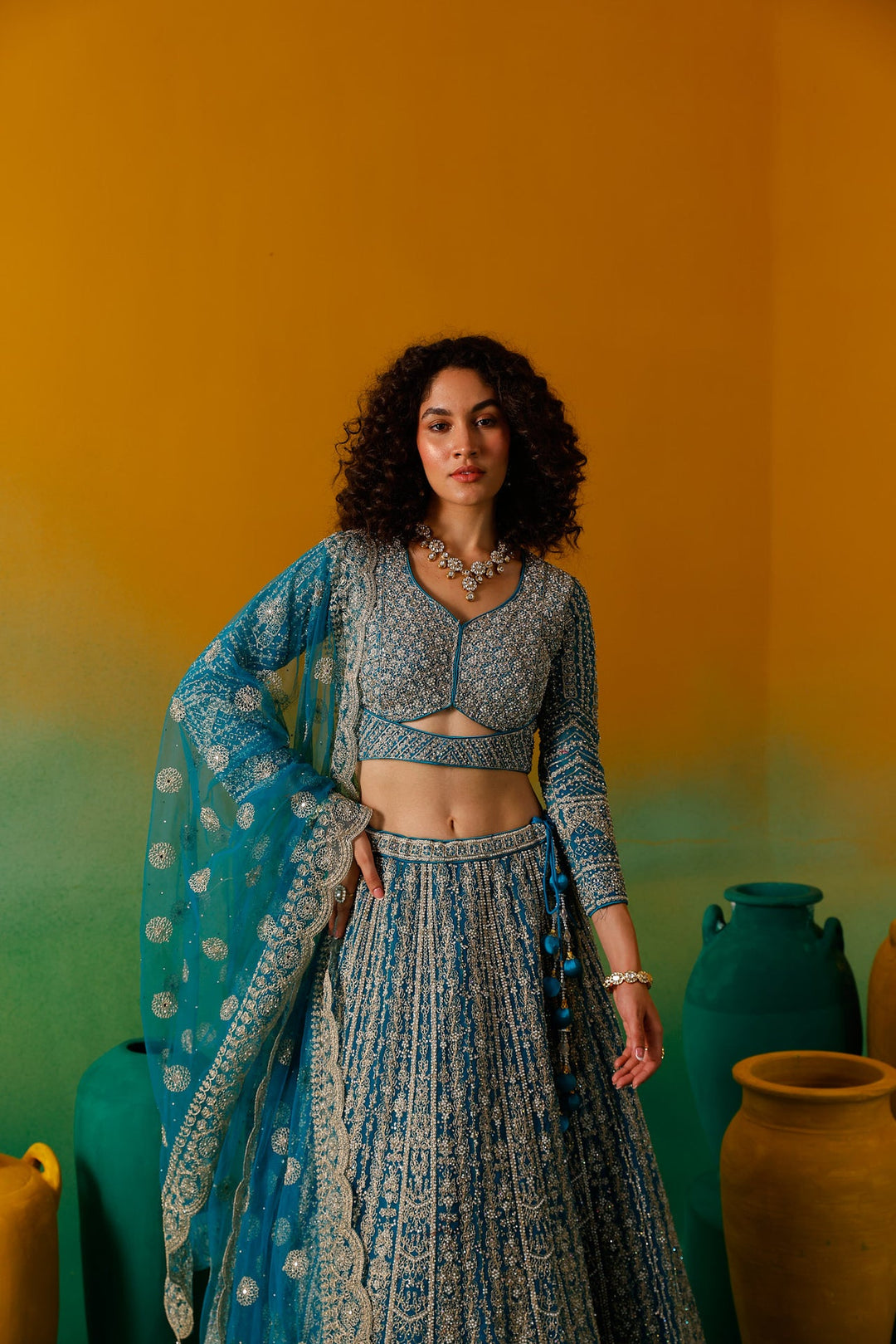 Neerus Green net embroidered lehenga set - detail view 14