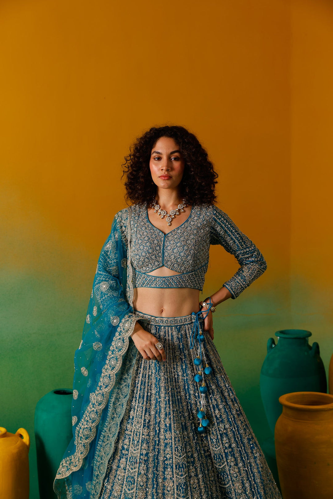 Neerus Green net embroidered lehenga set - detail view 15
