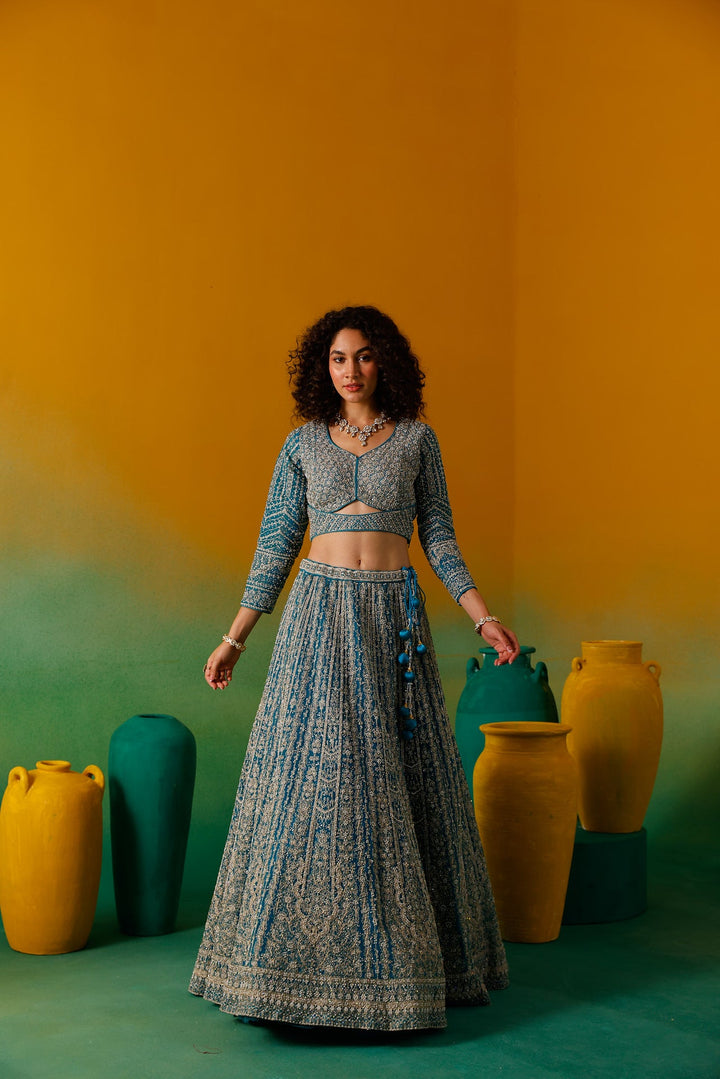 Neerus Green net embroidered lehenga set - detail view 17