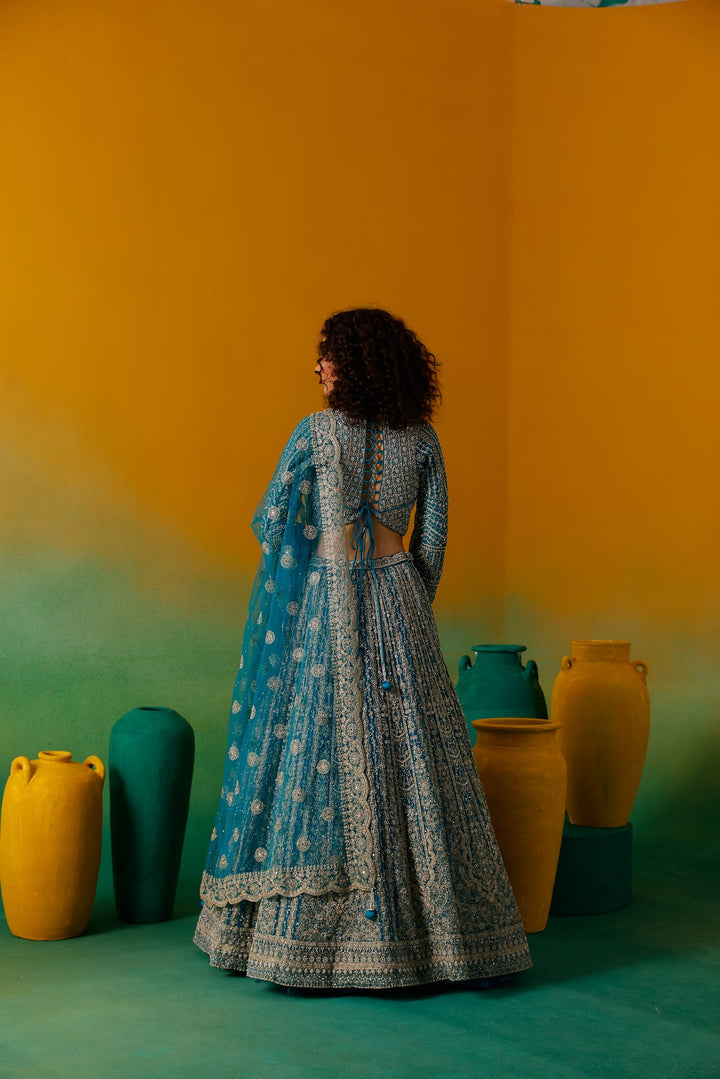 Neerus Green net embroidered lehenga set - detail view 4