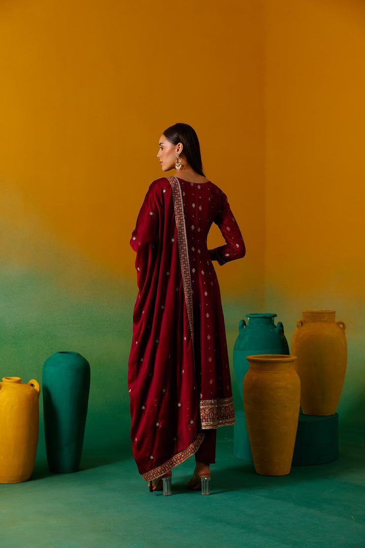 Neerus Pink silk embroidered Anarkali suit set - back view