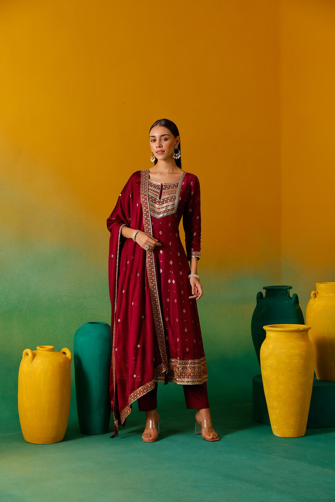Neerus Pink silk embroidered Anarkali suit set - side view