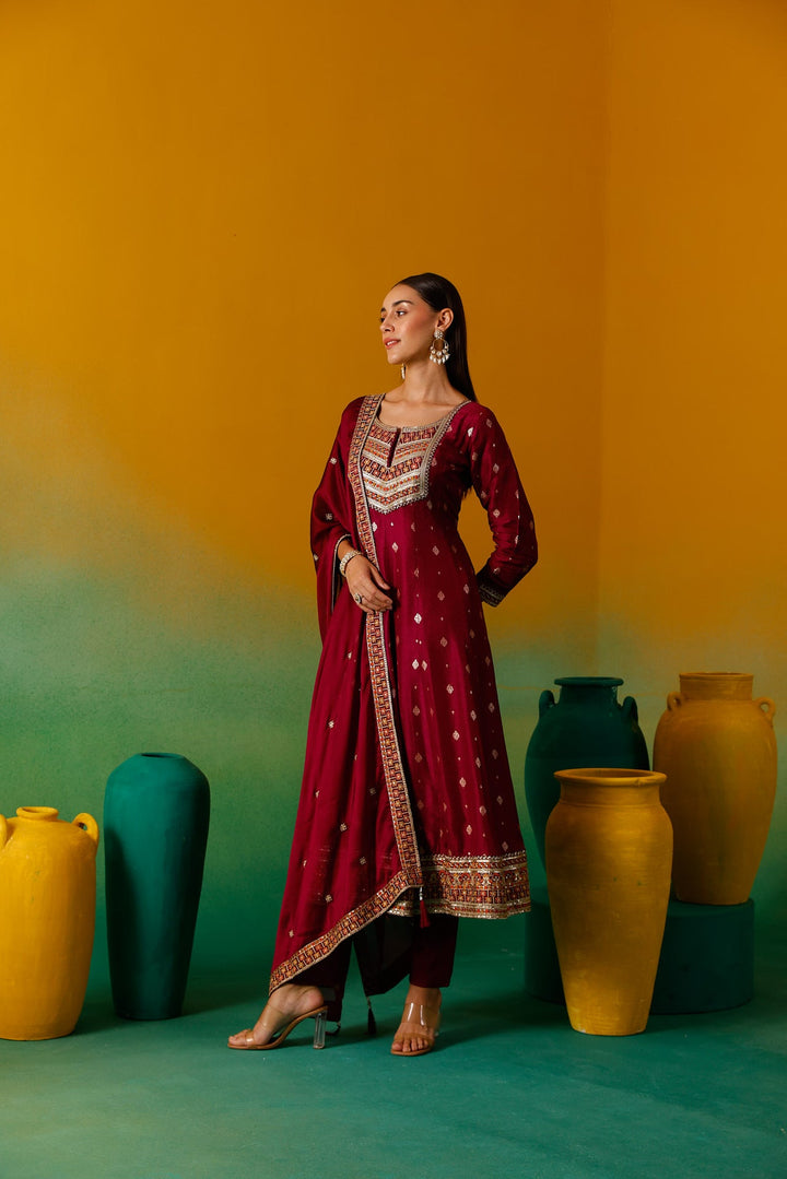 Neerus Pink silk embroidered Anarkali suit set - detail view 2