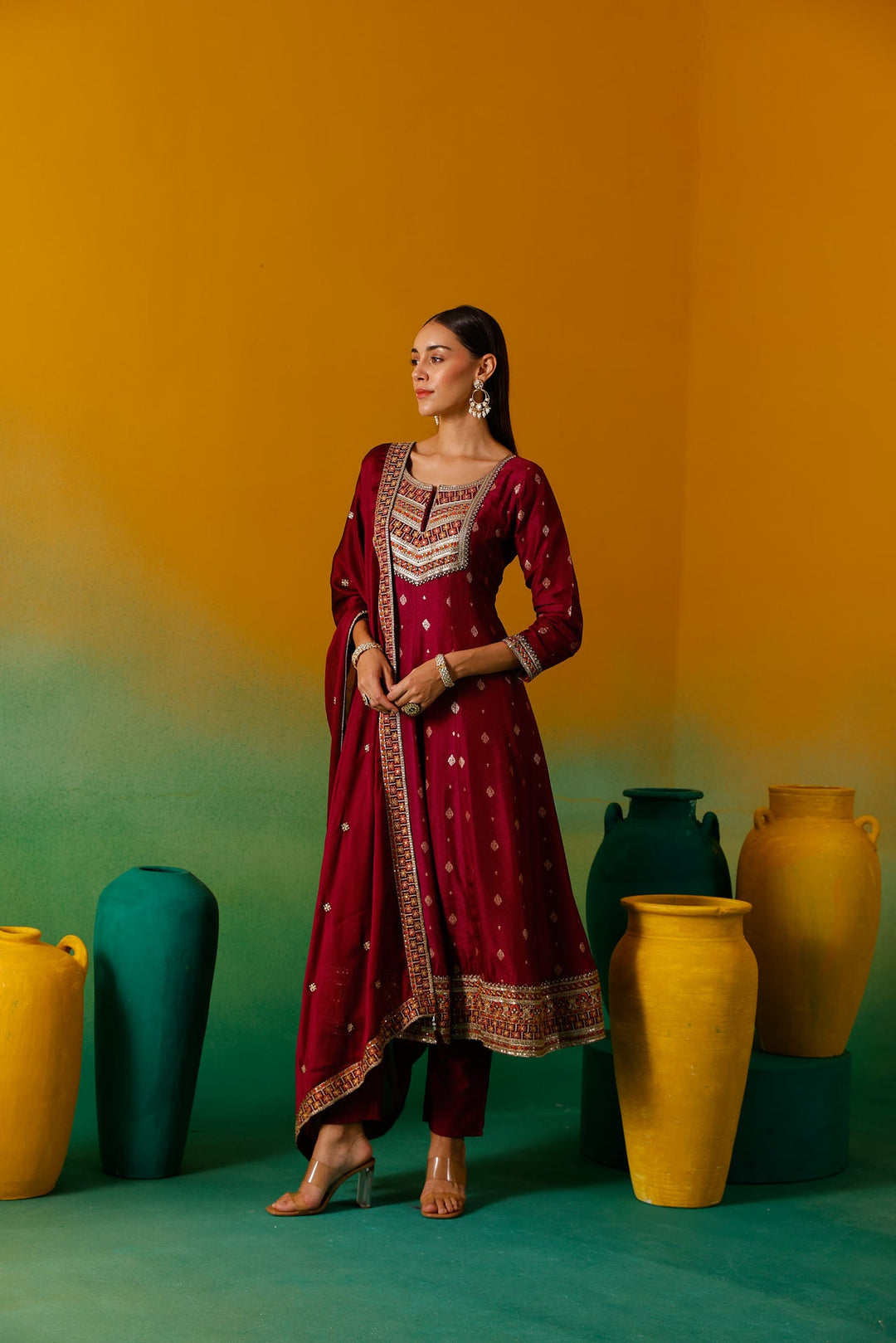 Neerus Pink silk embroidered Anarkali suit set - detail view 3