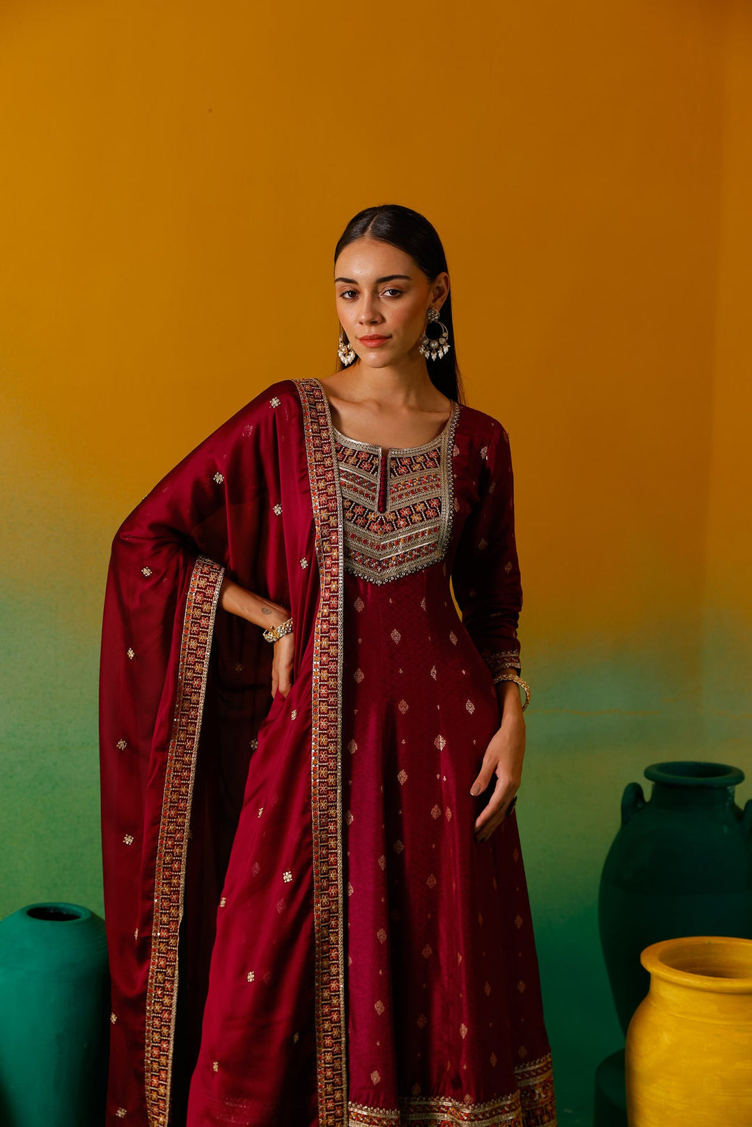 Neerus Pink silk embroidered Anarkali suit set - detail view 6