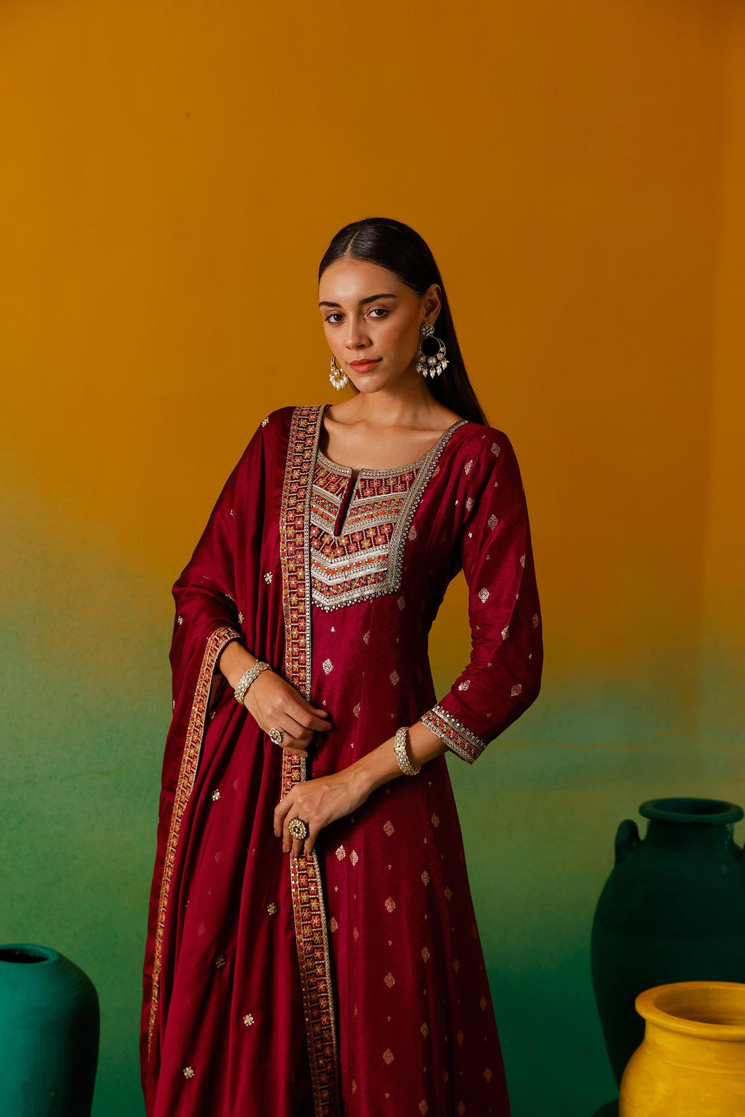 Neerus Pink silk embroidered Anarkali suit set - detail view 7