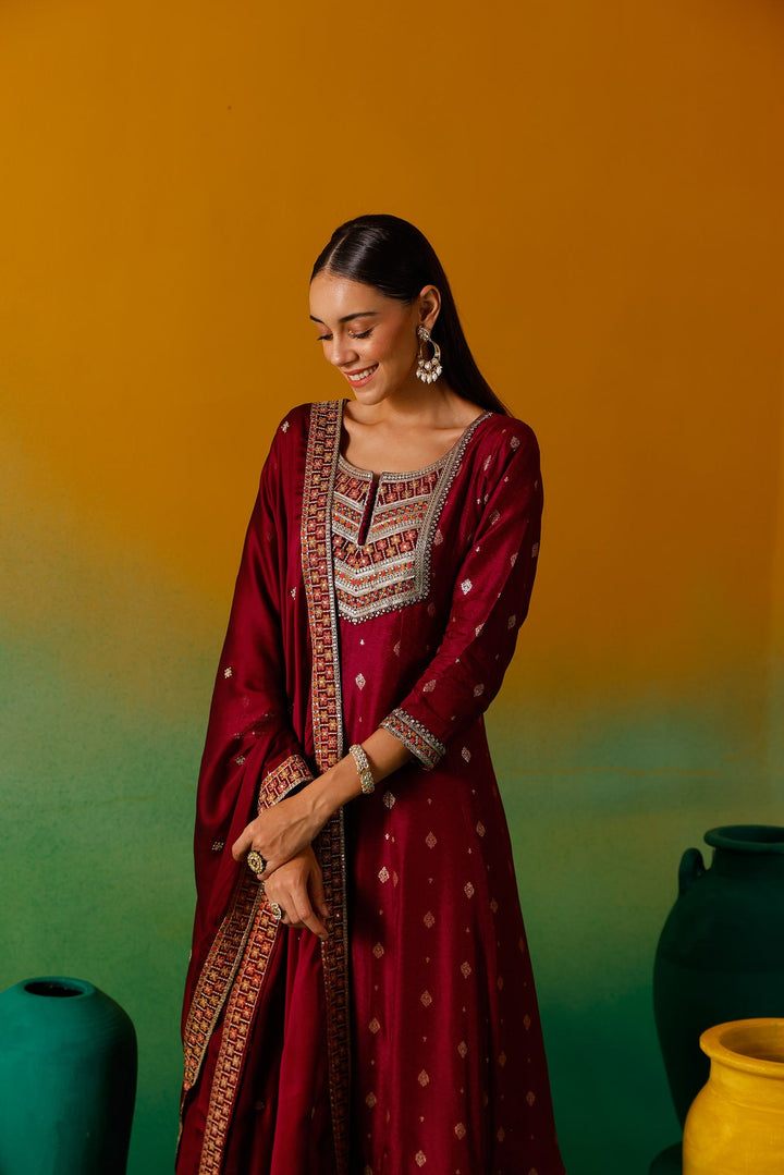 Neerus Pink silk embroidered Anarkali suit set - detail view 8
