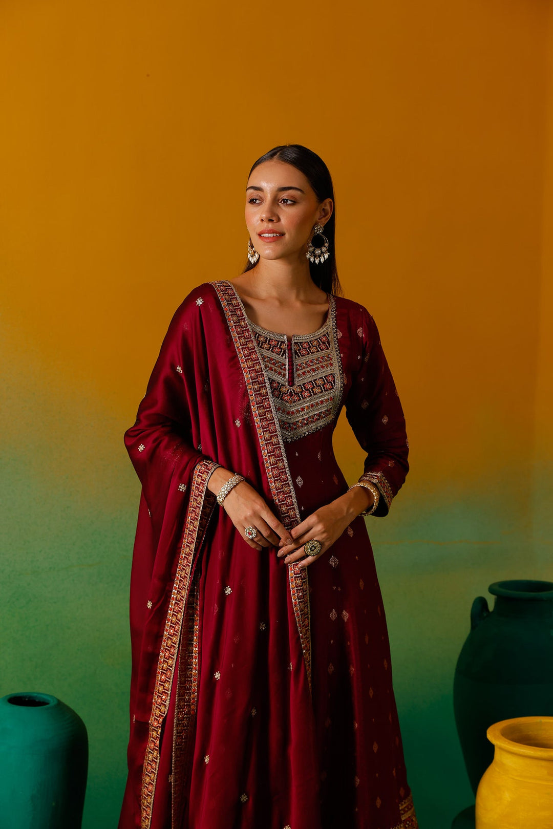 Neerus Pink silk embroidered Anarkali suit set - detail view 9