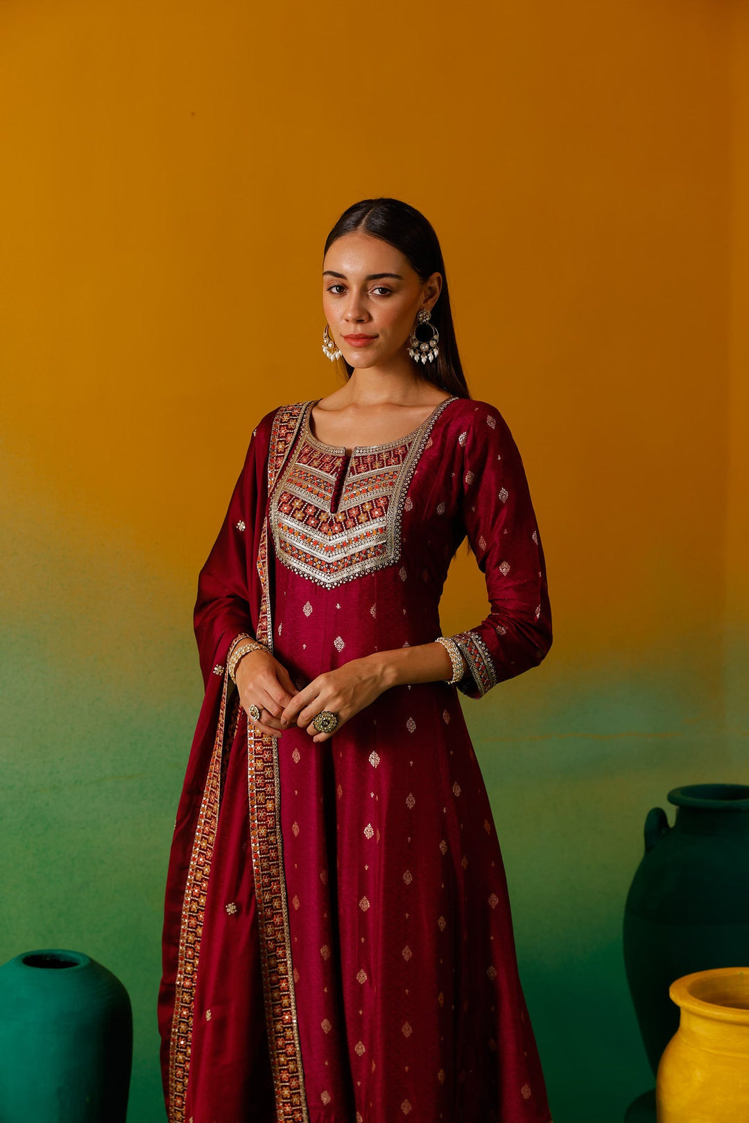 Neerus Pink silk embroidered Anarkali suit set - detail view 10