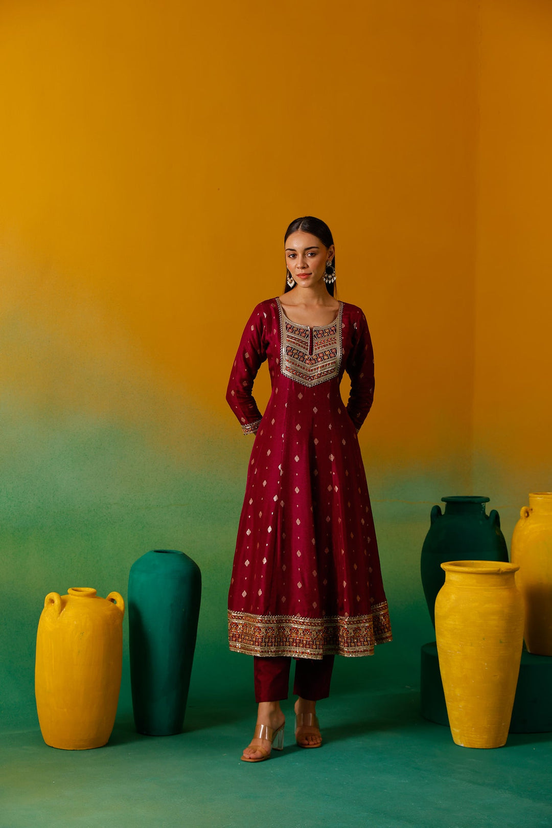 Neerus Pink silk embroidered Anarkali suit set - detail view 11