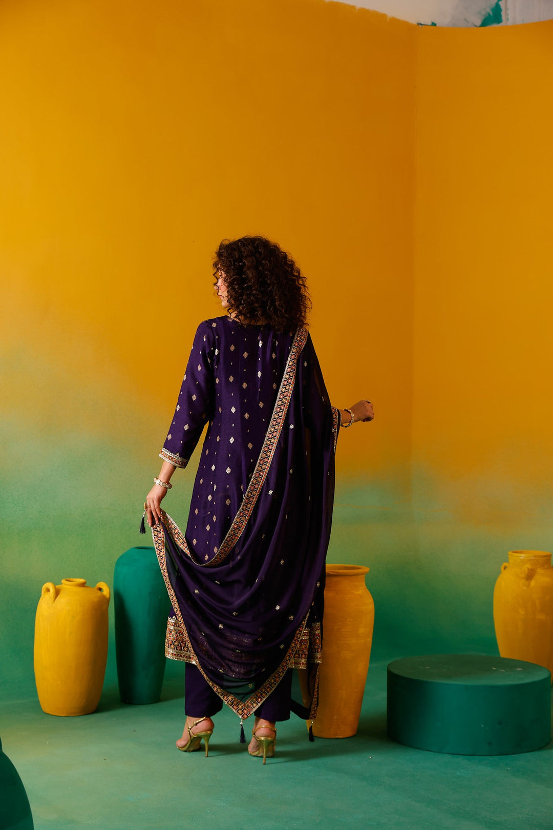 Neerus Purple silk embroidered anarkali suit set - detail view 1