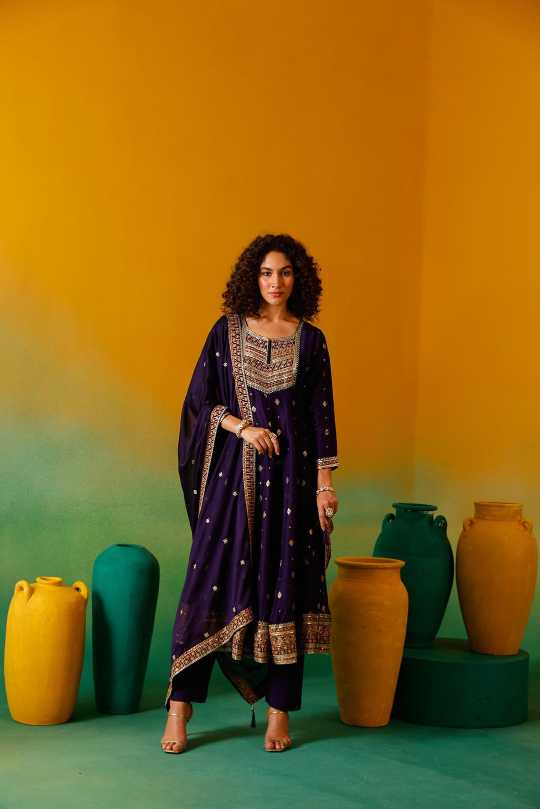 Neerus Purple silk embroidered anarkali suit set - back view