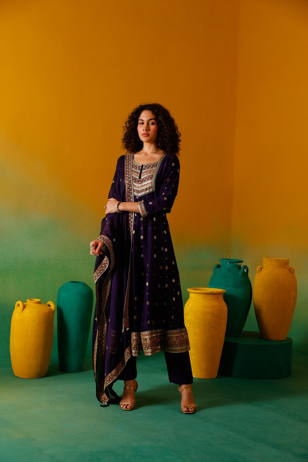 Neerus Purple silk embroidered anarkali suit set - detail view 2