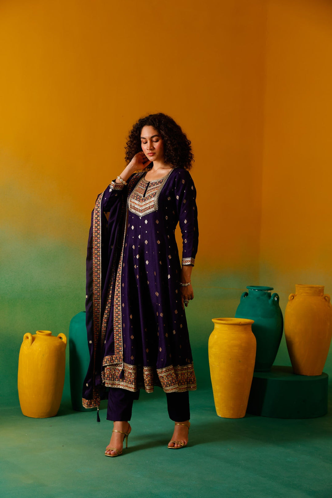 Neerus Purple silk embroidered anarkali suit set - detail view 3
