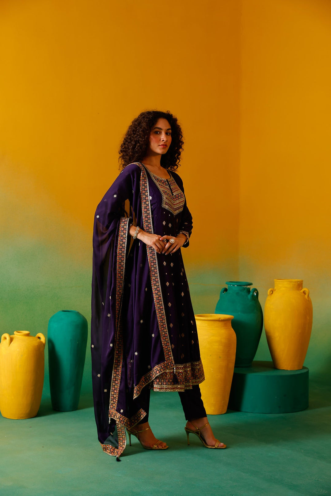 Neerus Purple silk embroidered anarkali suit set - detail view 4