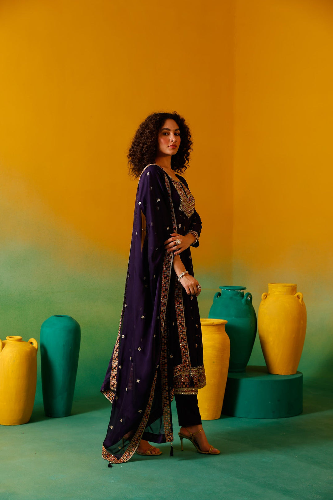 Neerus Purple silk embroidered anarkali suit set - detail view 5
