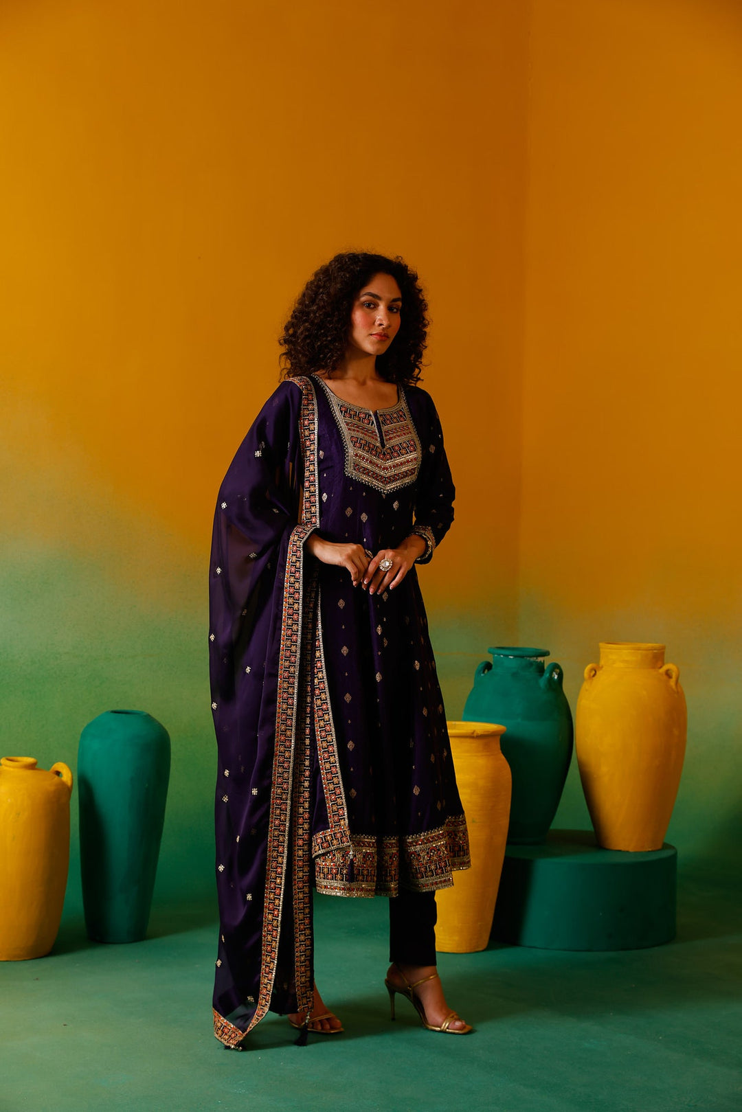 Neerus Purple silk embroidered anarkali suit set - detail view 6