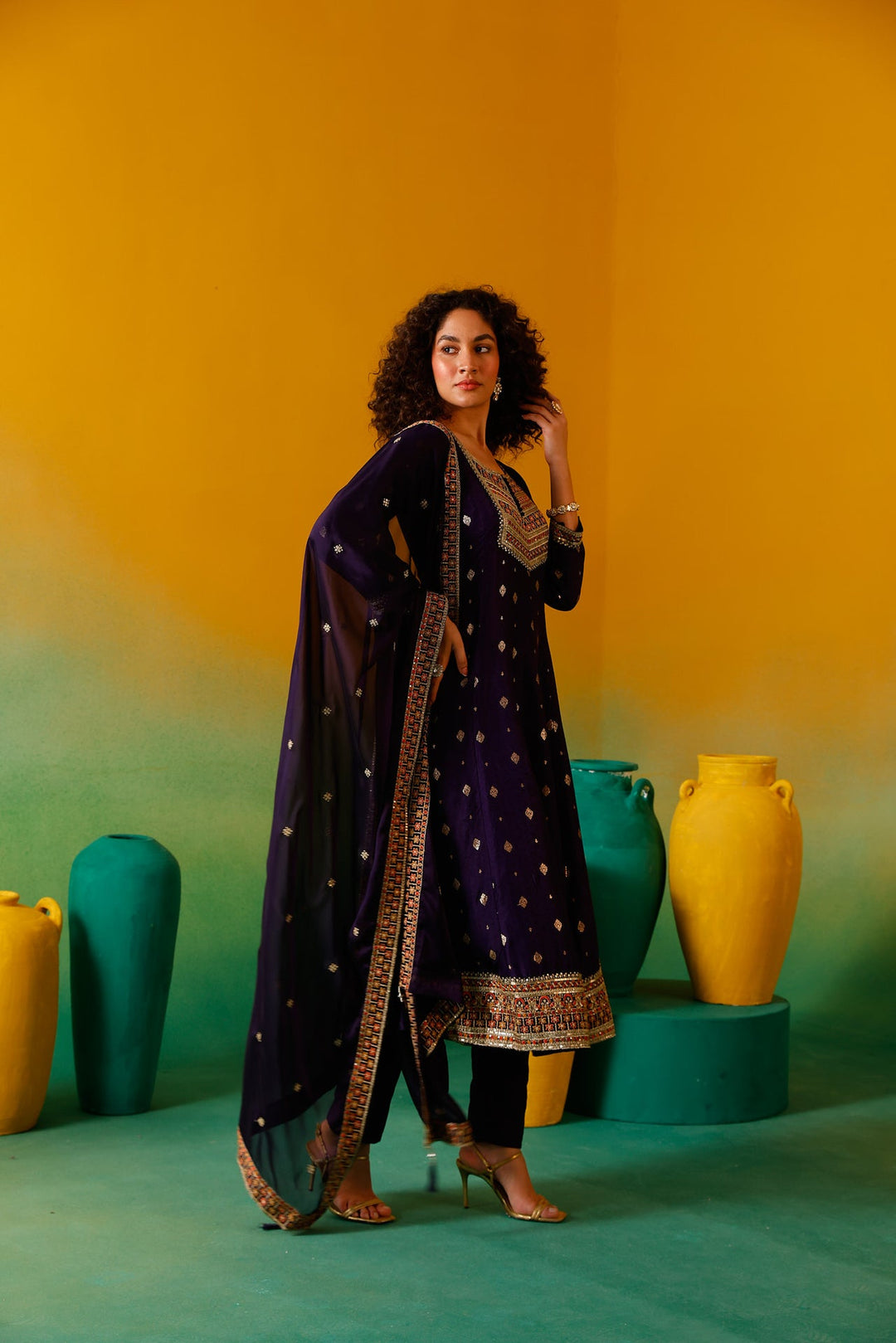 Neerus Purple silk embroidered anarkali suit set - detail view 7