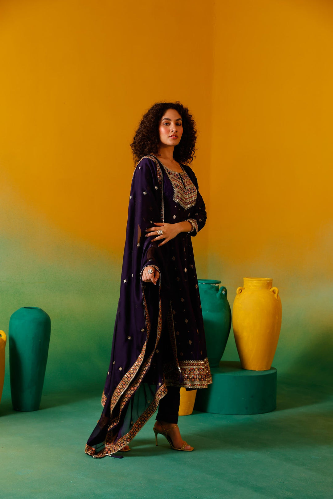 Neerus Purple silk embroidered anarkali suit set - detail view 8