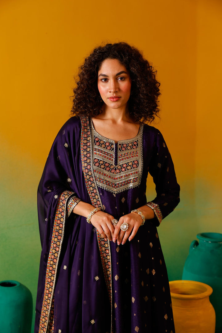 Neerus Purple silk embroidered anarkali suit set - detail view 9