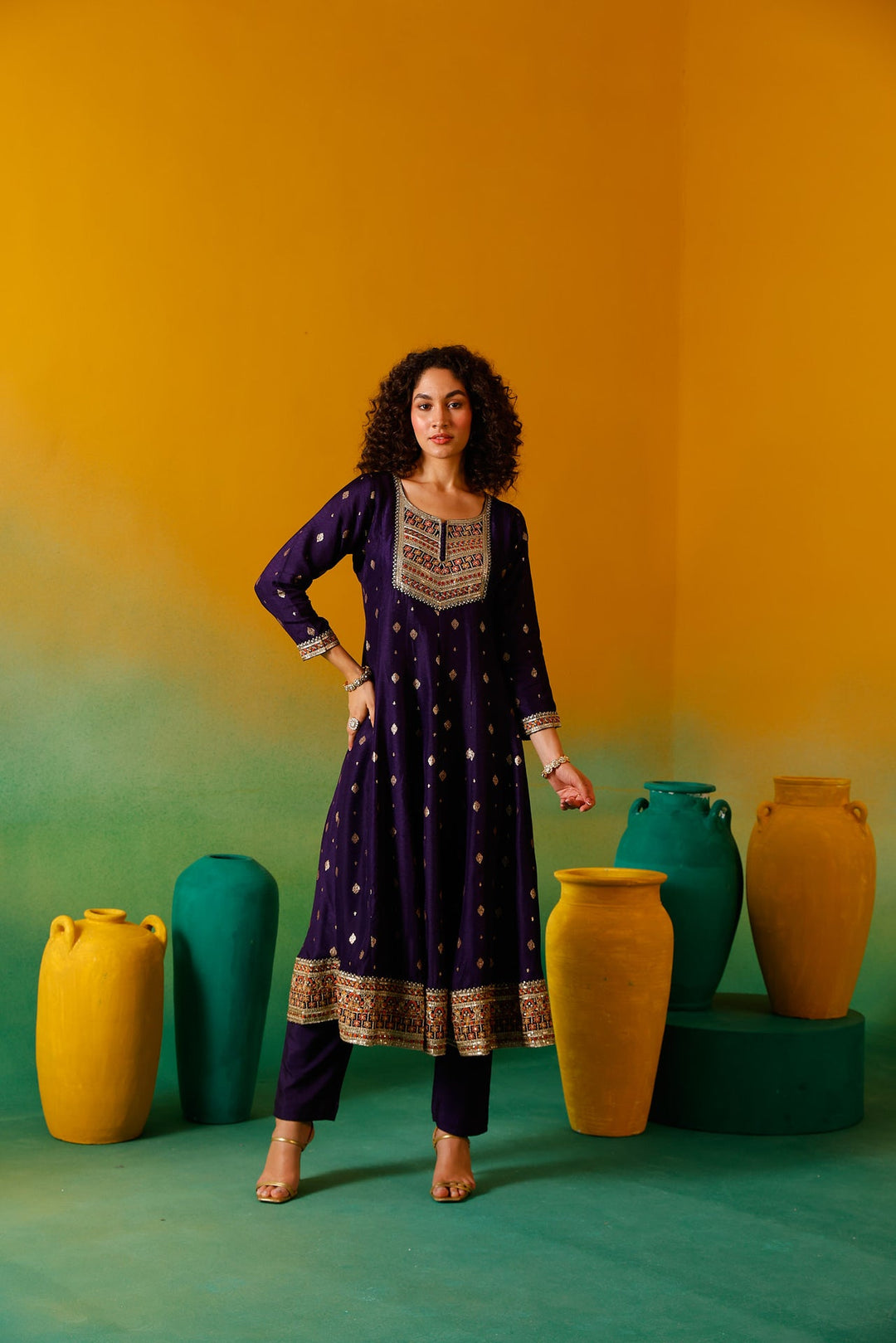 Neerus Purple silk embroidered anarkali suit set - detail view 10