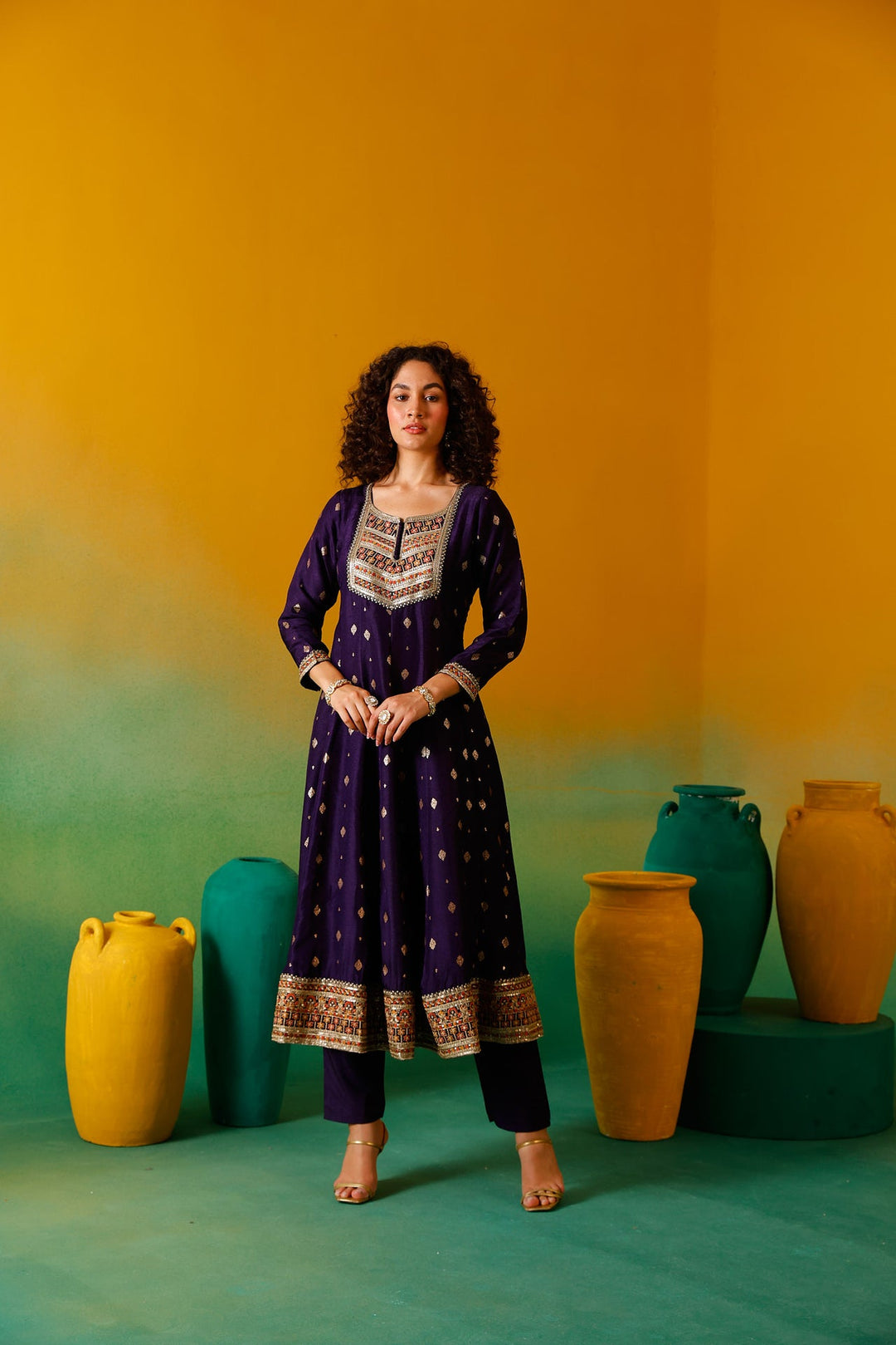 Neerus Purple silk embroidered anarkali suit set - detail view 11