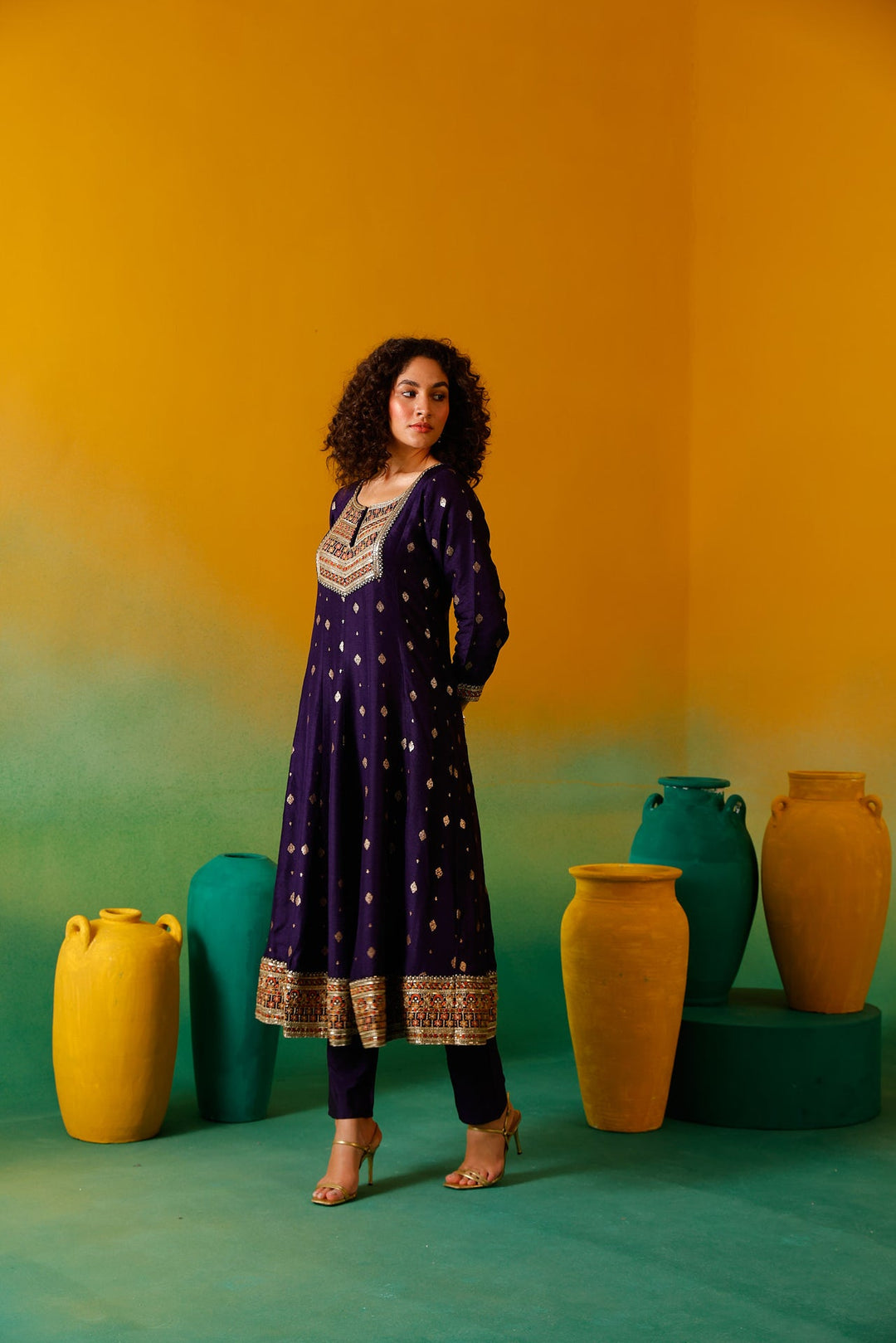 Neerus Purple silk embroidered anarkali suit set - detail view 12