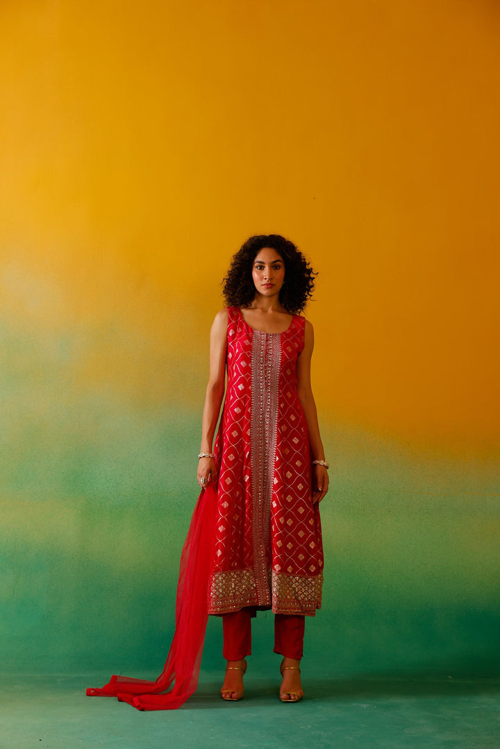 Neerus Pink Banarasi embroidered anarkali suit set - side view