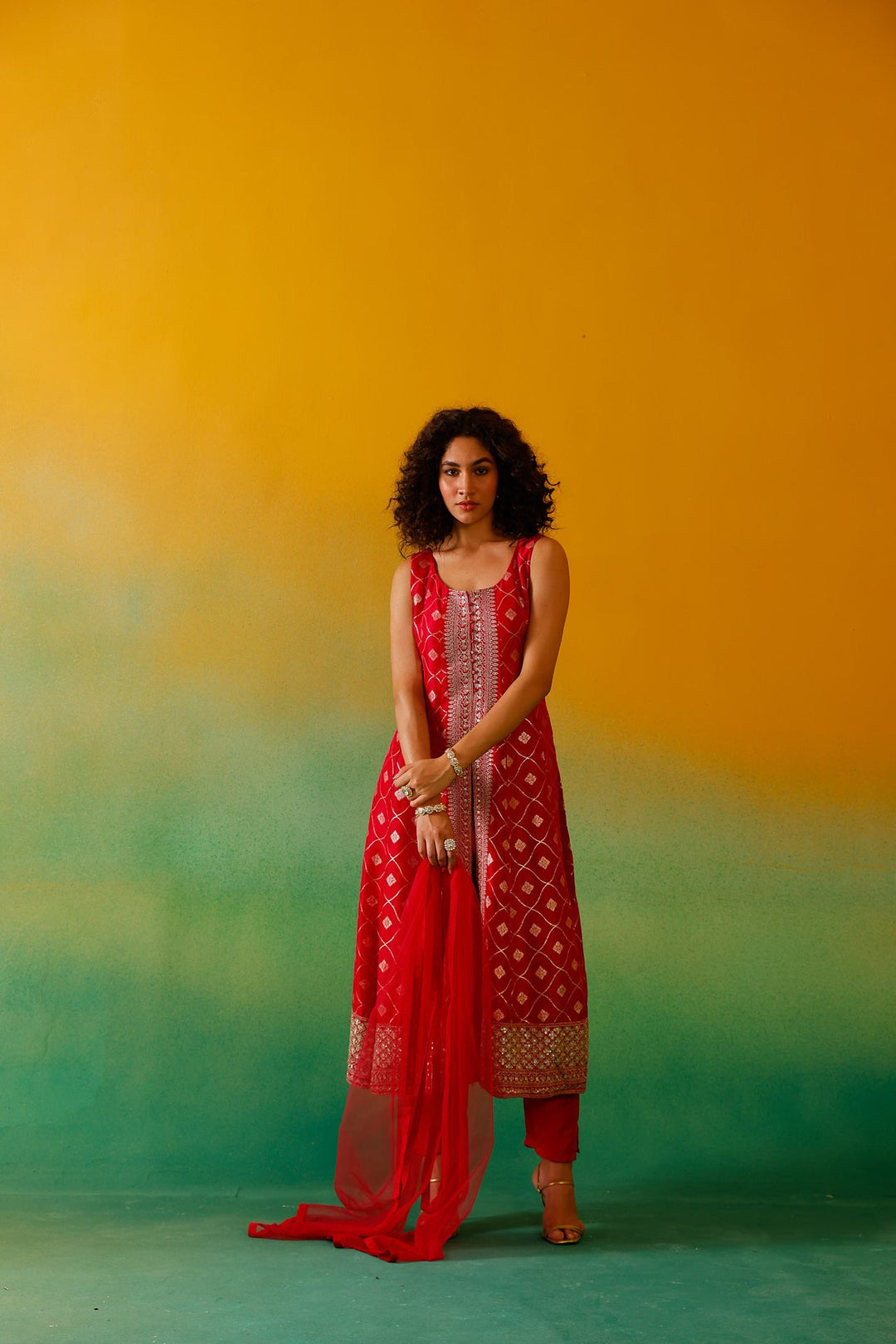 Neerus Pink Banarasi embroidered anarkali suit set - detail view 1