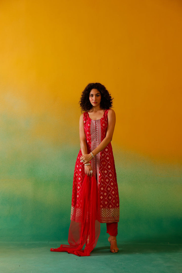 Neerus Pink Banarasi embroidered anarkali suit set - detail view 1