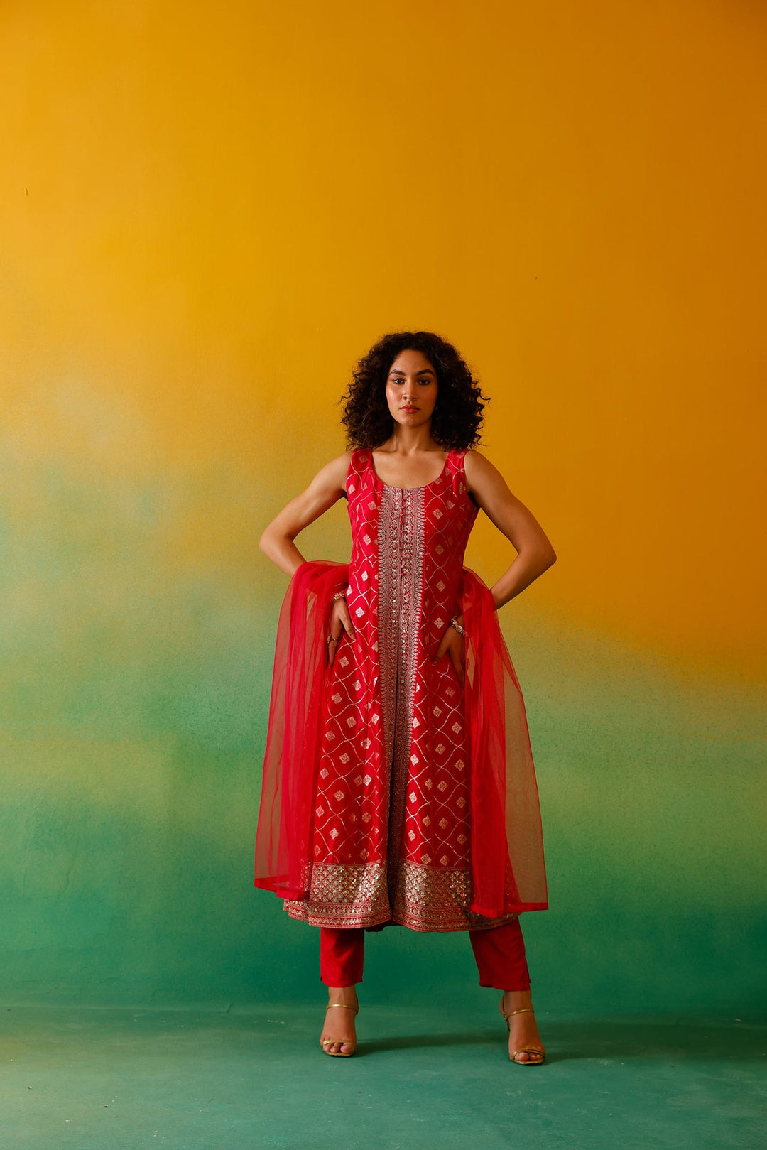Neerus Pink Banarasi embroidered anarkali suit set - detail view 2
