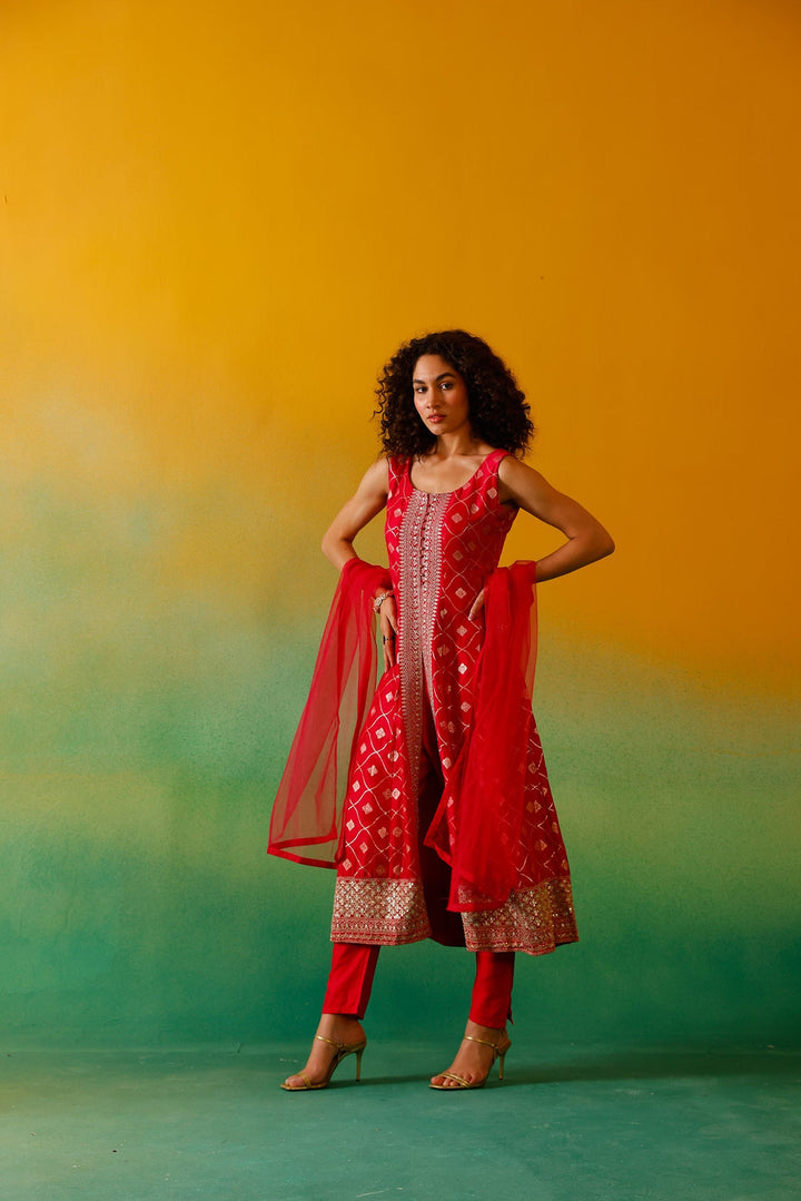 Neerus Pink Banarasi embroidered anarkali suit set - detail view 3
