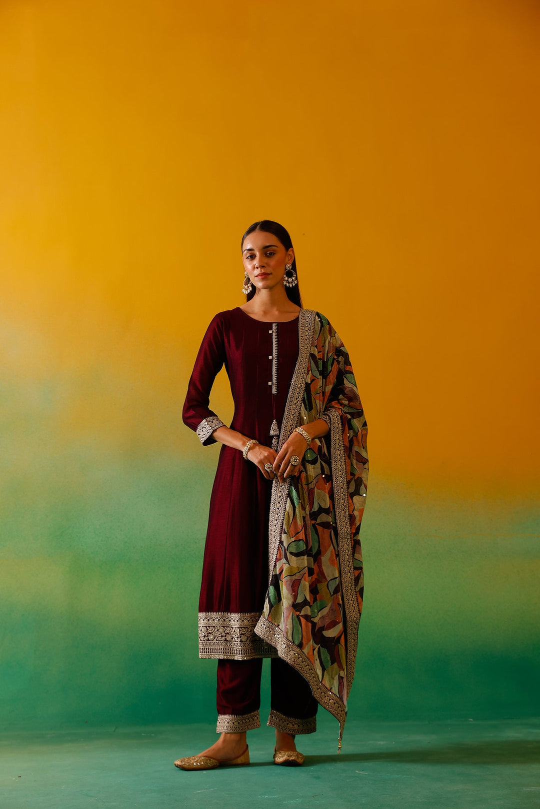 Neerus Maroon silk embroidered Anarkali suit set - back view