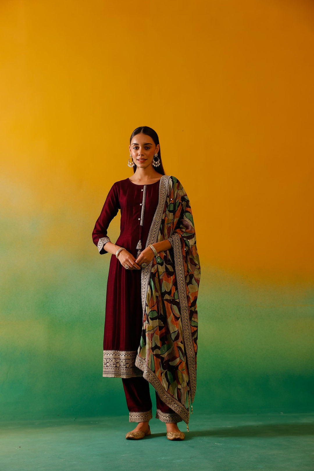 Neerus Maroon silk embroidered Anarkali suit set - side view