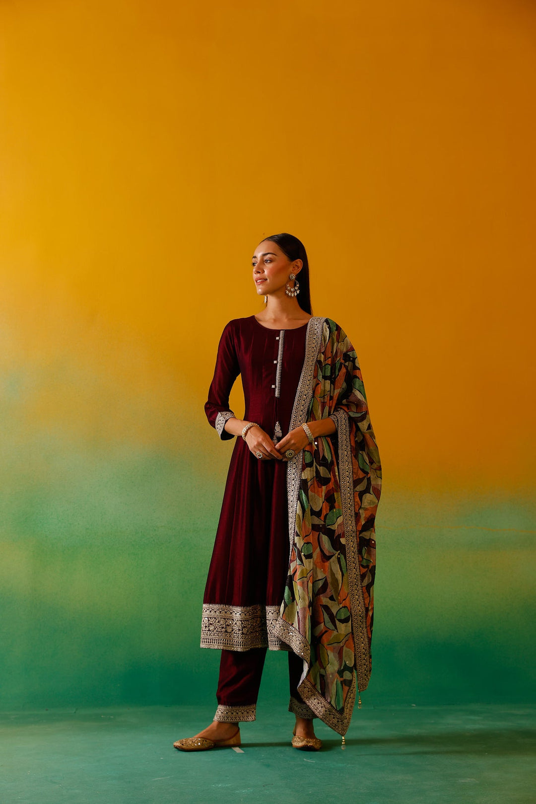 Neerus Maroon silk embroidered Anarkali suit set - detail view 1