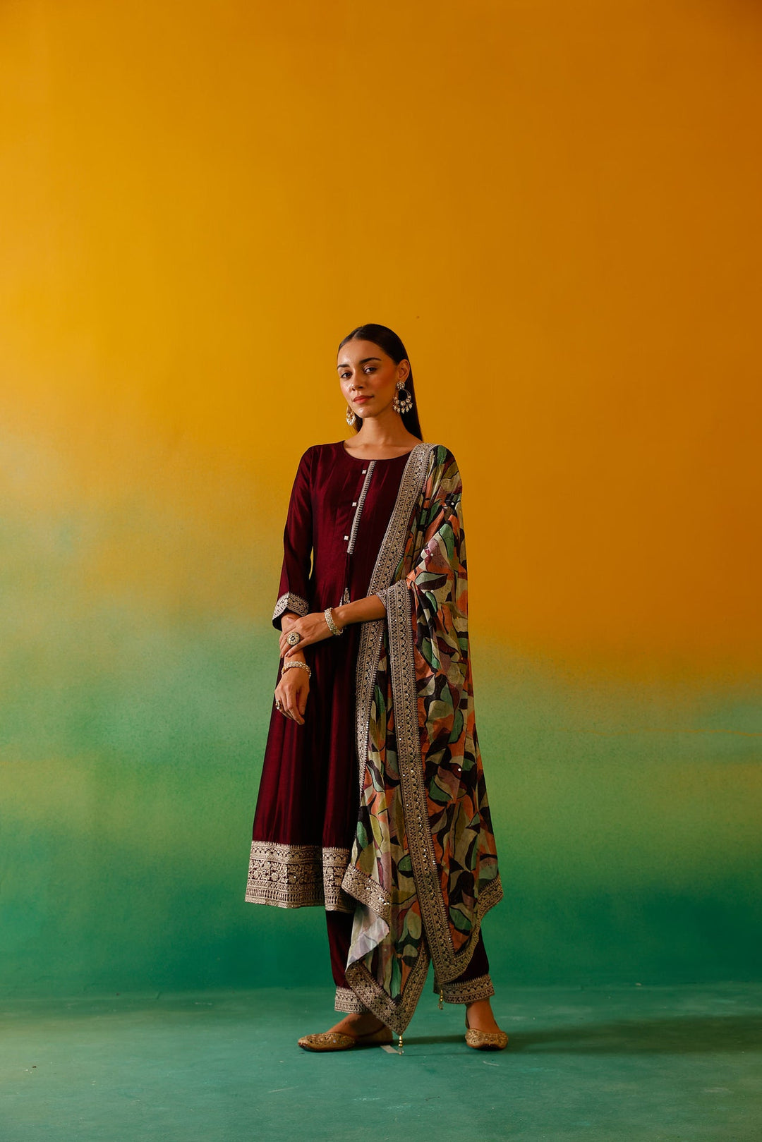 Neerus Maroon silk embroidered Anarkali suit set - detail view 3