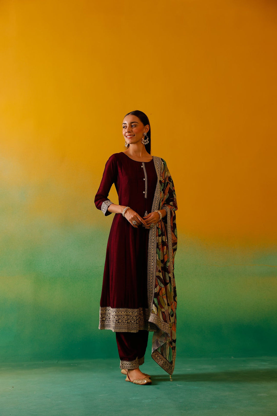 Neerus Maroon silk embroidered Anarkali suit set - detail view 4