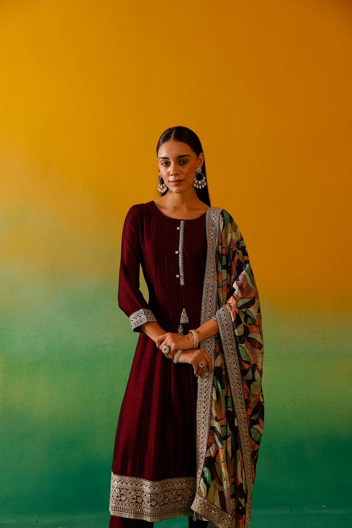 Neerus Maroon silk embroidered Anarkali suit set - detail view 5