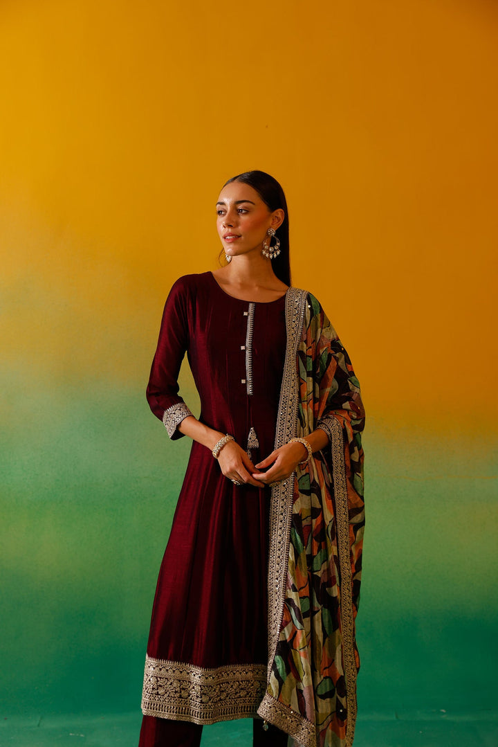 Neerus Maroon silk embroidered Anarkali suit set - detail view 6