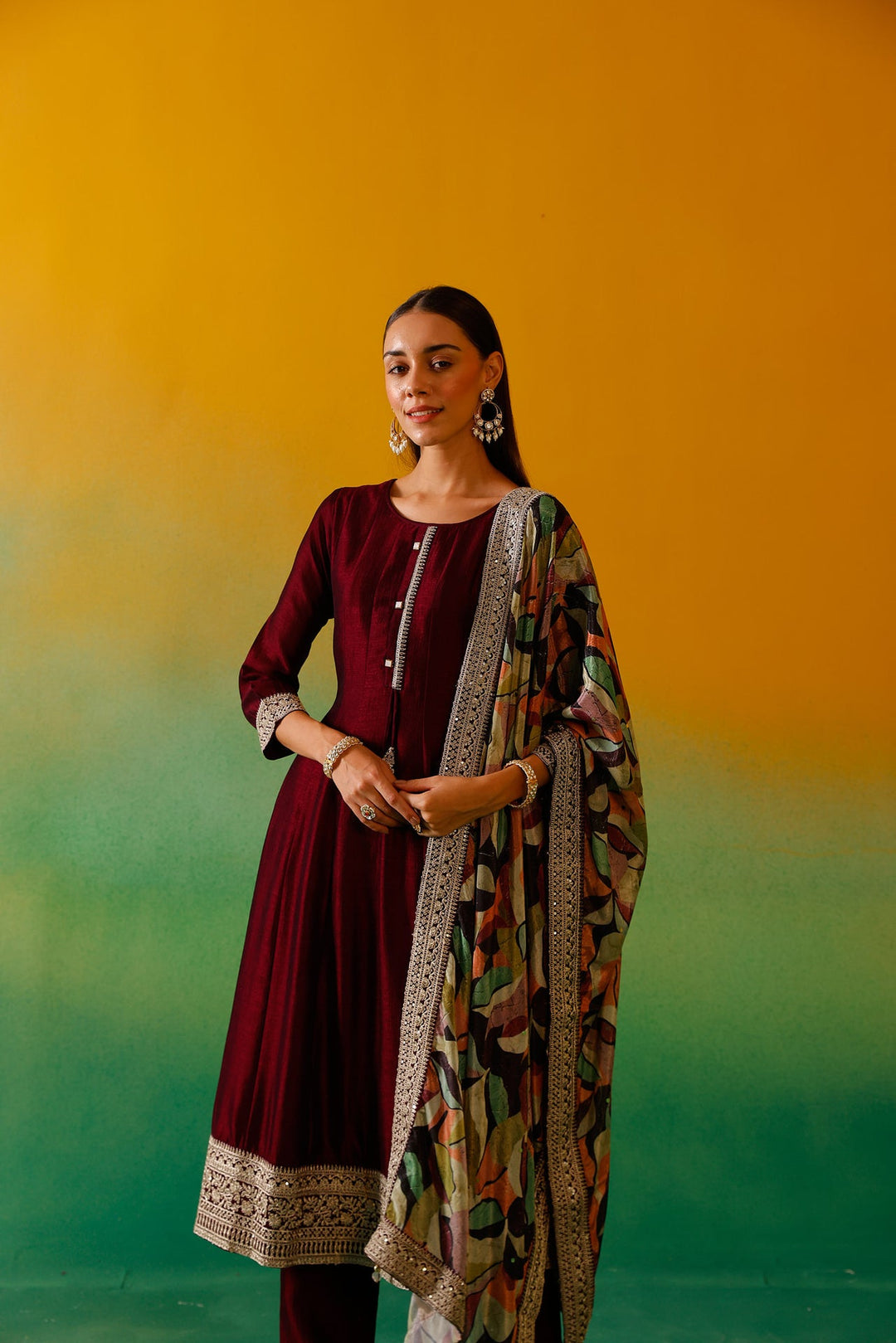 Neerus Maroon silk embroidered Anarkali suit set - detail view 7