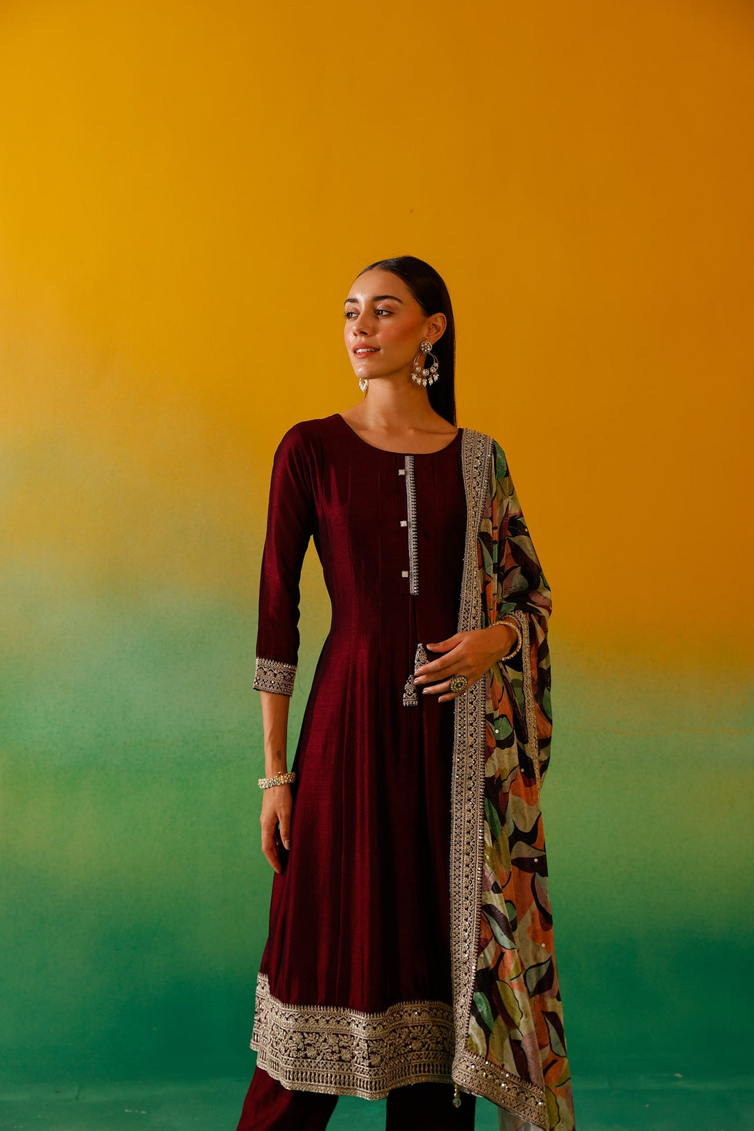 Neerus Maroon silk embroidered Anarkali suit set - detail view 8