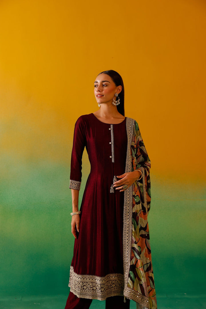 Neerus Maroon silk embroidered Anarkali suit set - detail view 8