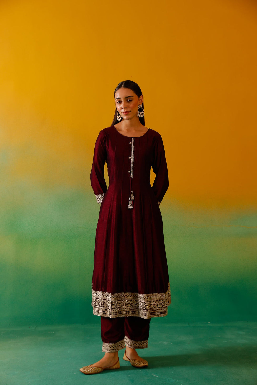 Neerus Maroon silk embroidered Anarkali suit set - detail view 9