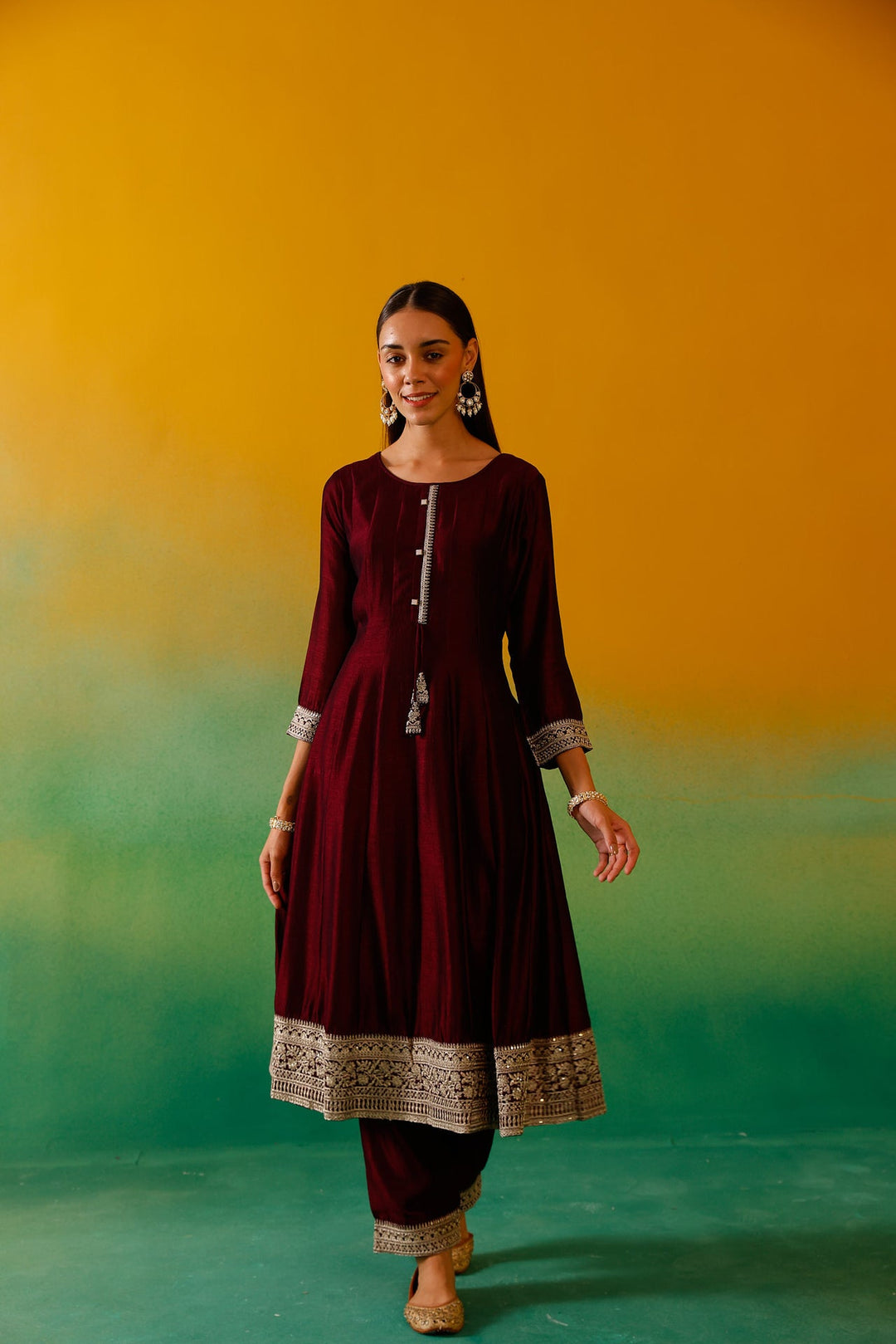 Neerus Maroon silk embroidered Anarkali suit set - detail view 10