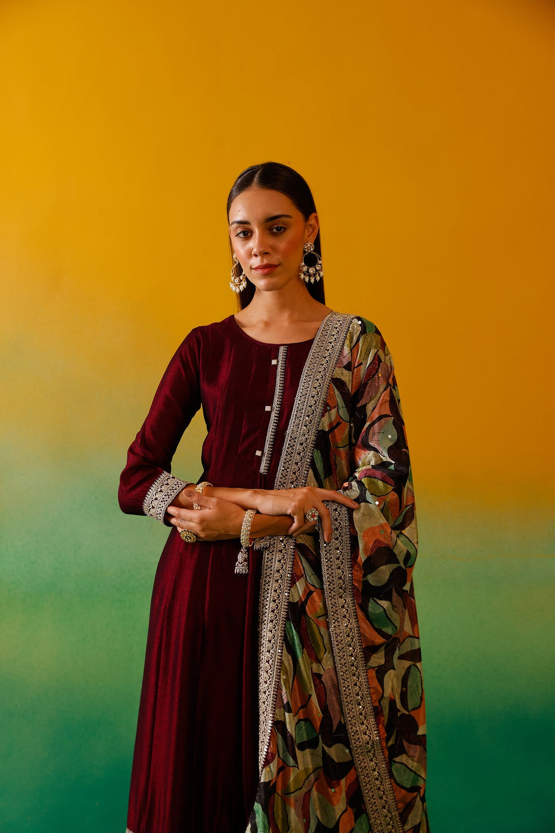 Neerus Maroon silk embroidered Anarkali suit set - detail view 11