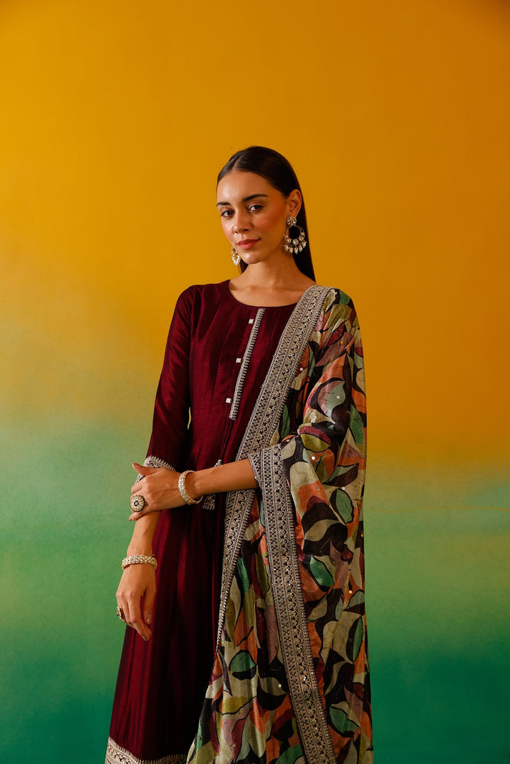 Neerus Maroon silk embroidered Anarkali suit set - detail view 13