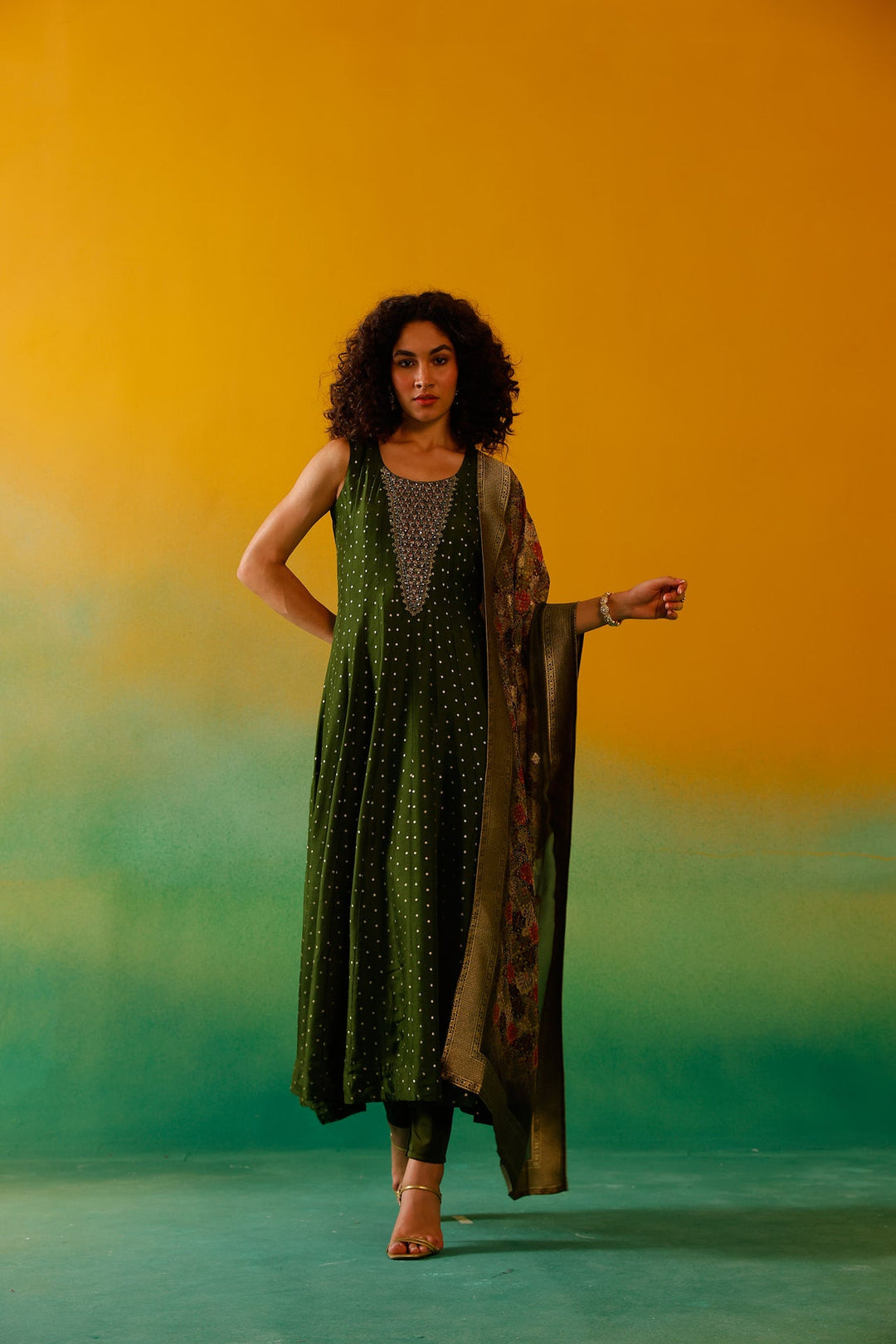 Neerus Green Chinon Embroidered Anarkali Suit Set - back view